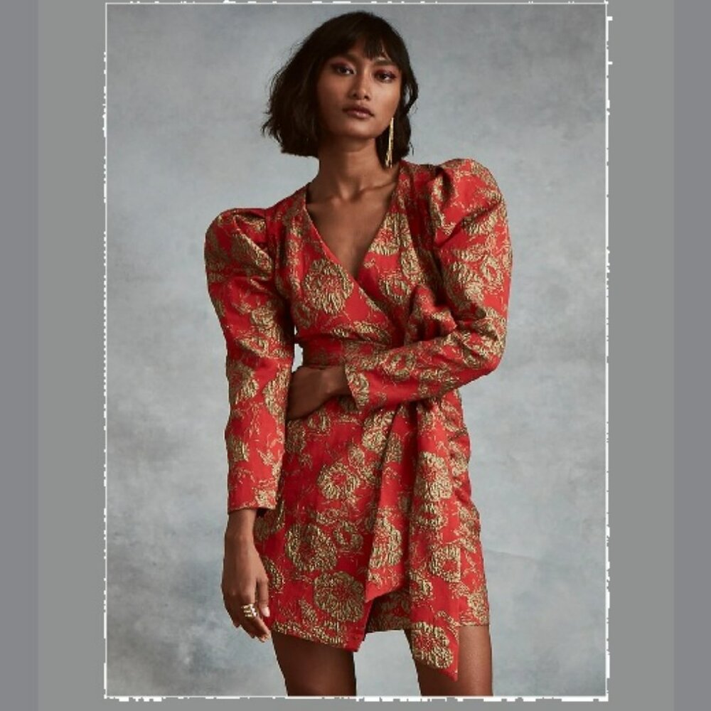 NWT Happy Nature Orange Red Floral Brocade Mini Dress Sz 20